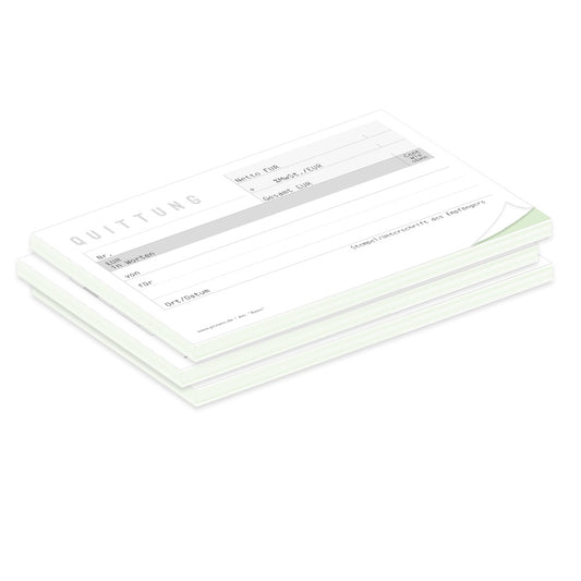 quittungsblock basic mit durchschlag mit grünem durchschlagpapier, a6, klassische optik, schwarz-weiß-graue, 3er set