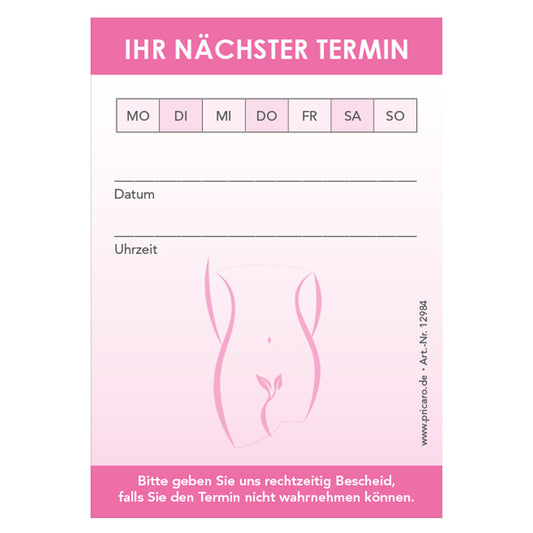 terminblöcke für gynäkologen, weiß-rosa optik, felder mo-so zum ankreuzen, spalten für datum und uhrzeit, freifeld für einen stempel, frontansicht