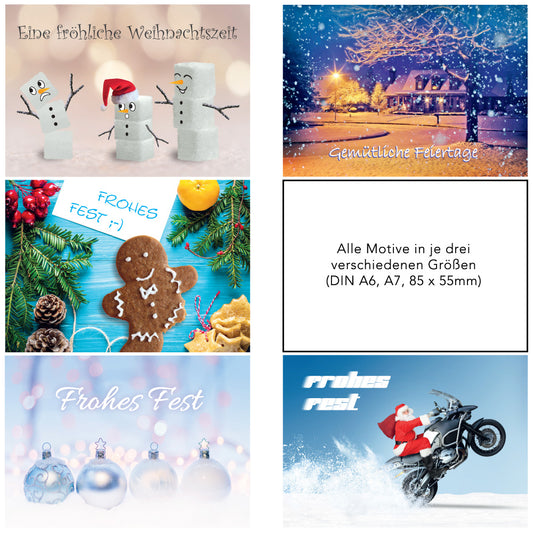 weihnachtsklappkarten motivreihe 1, frontansicht der ersten 5 motive