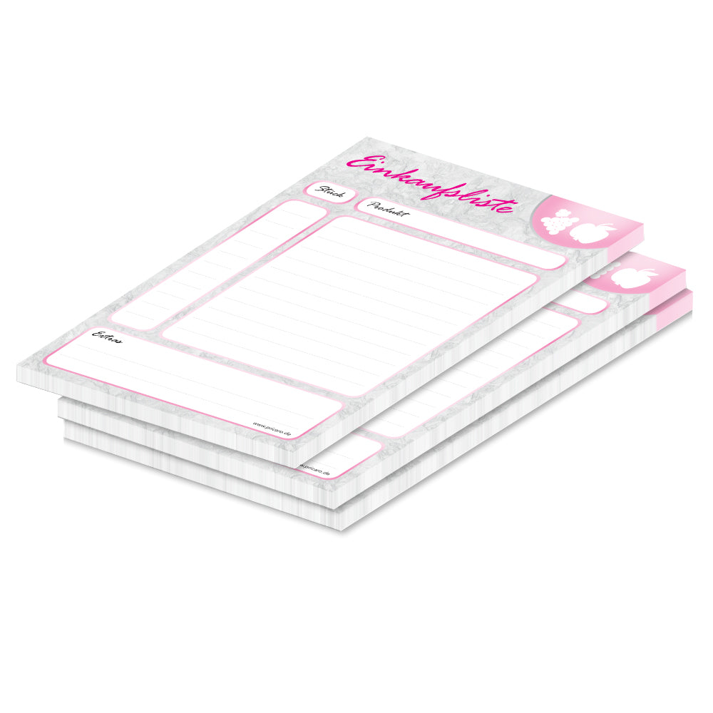 einkaufsliste marmor, a5, grau-rosa opitk mit spalten für produkt und stückzahl, 3er set