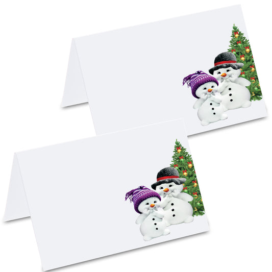 tischkarte "schneemänner", schneemann-motive mit weihnachtsbaum auf vorder- und rückseite