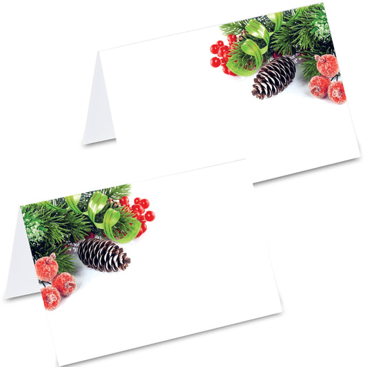 tischkarte "zapfen",winterilche zapfen mit tannengrün und gefrorenen beeren auf vorder- und rückseite