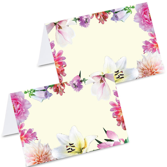 tischkarte "blumenpracht", verschiedene blumenblüten auf vorder- und rückseite