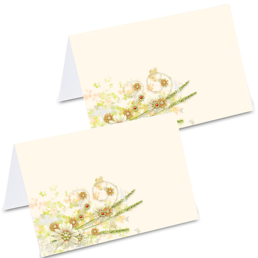tischkarte "floral", blumenstrauß, beige blumige optik auf vorder- und rückseite.