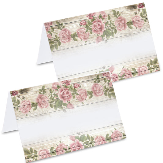 tischkarte "vintage", holzoptik mit rosen im oberen und unteren kartenbereich, vorder- und rückseite