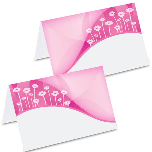 tischkarte "blumenfeld abstrakt", pink-weiße optik mit abstrakter blumenwiese, vorder- und rückseite