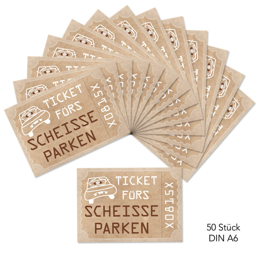 flyer scheiße geparkt "ticket", beige optik mit aufdruck "ticket fürs scheisse parken", 50 stück