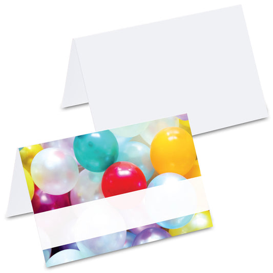 tischkarte "ballon party", bunte ballons auf vorderseite, rückseite weiß