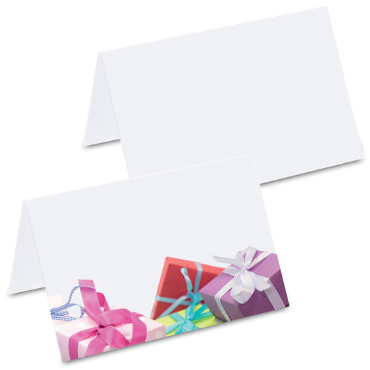 tischkarte "geschenke", bunte geschenke auf vorderseite unten, rückseite weiß