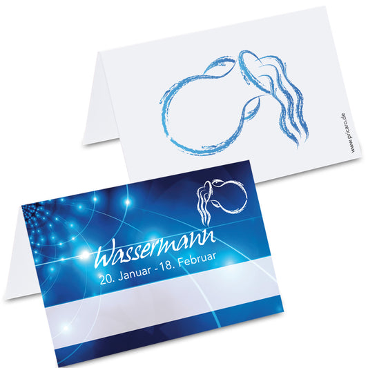 tischkarte sternzeichen wassermann, vorder- und rückseite, blau-weiße optik mit der aufschrift "wassermann" + geburtszeitraum, rückseite mit wassermann symbol