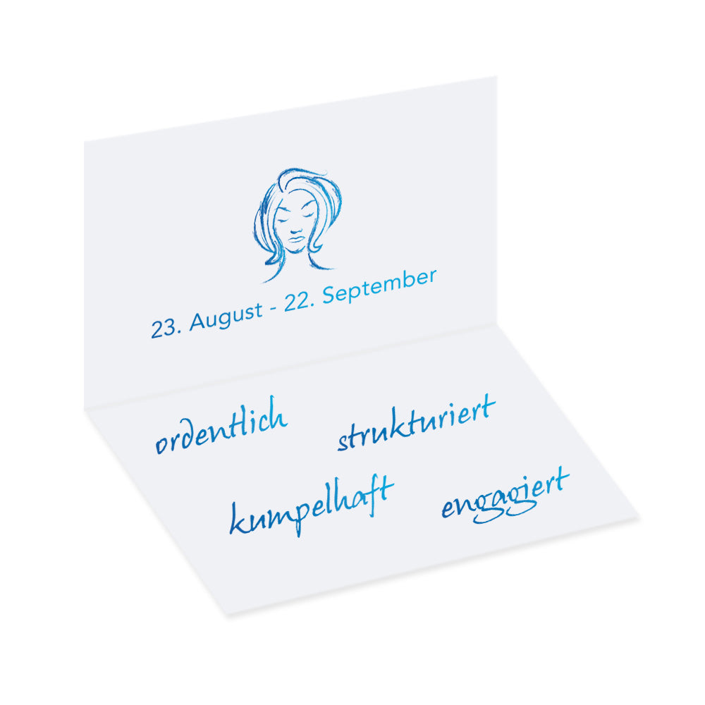 tischkarte sternzeichen jungfrau, innenansicht zeigt geburtszeitraum und charaktereigenschaften