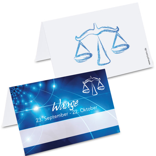 tischkarte sternzeichen waage, vorder- und rückseite, blau-weiße optik mit der aufschrift "waage" + geburtszeitraum, rückseite mit waagensymbol