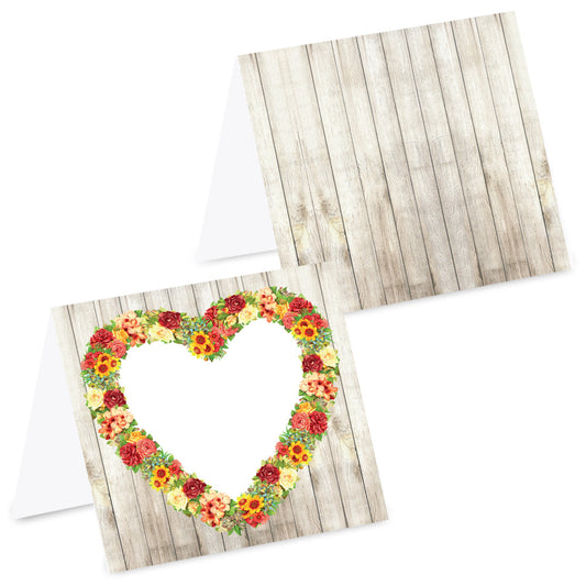 tischkarte floral vintage mit blumenherz, vorder- und rückseite