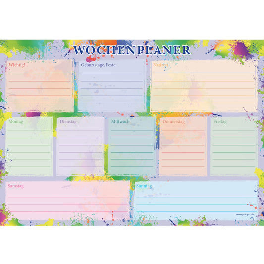wochenplaner splash a4, querformat, bunte optik mit farbkleksen, frontansicht