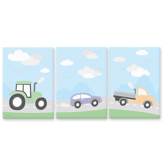 leinwand set "fahrzeuge", 3 verschiedene motive (traktor, auto und lkw), bunte optik