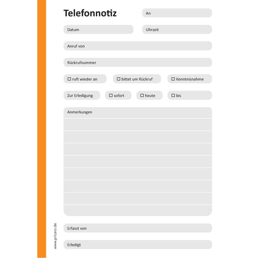 telefonnotizblock orange, ungelocht, orange-graue optik mit platz für datum, anruferinfos und anmerkungen, front ansicht