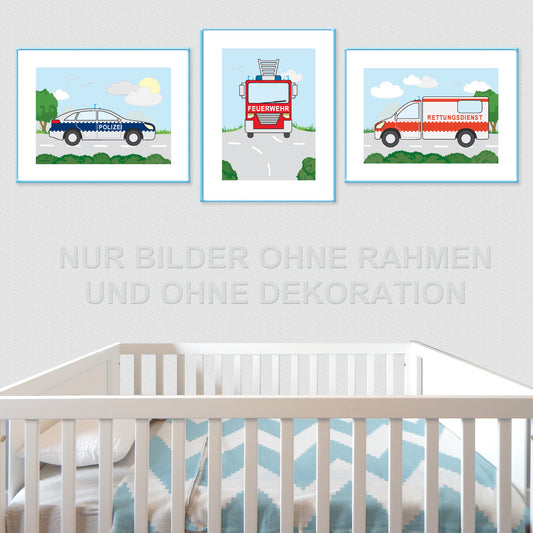 posterset "freund und helfer", 3 verschiedene motive (polizei, feuerwehr und rettungsdienst), bunte optik, in kinderzimmer auf grauer tapete