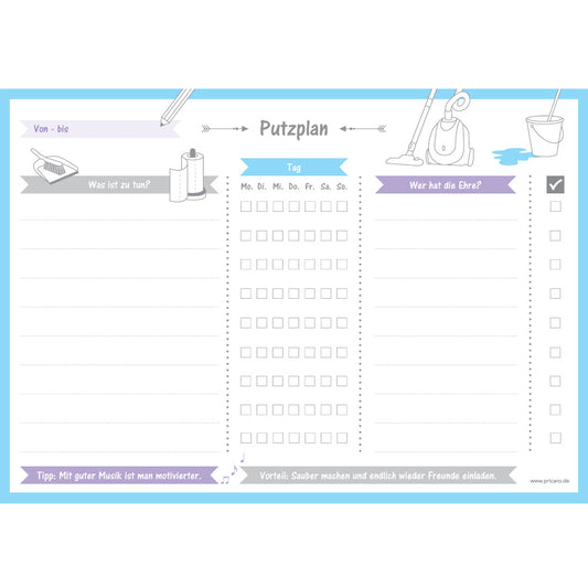 putzplan allerlei, a4. weiß, blau lilafarbene optik, illustrationen von haushaltsgegengständen und zeilen für aufgaben und zuständigkeiten, frontansicht