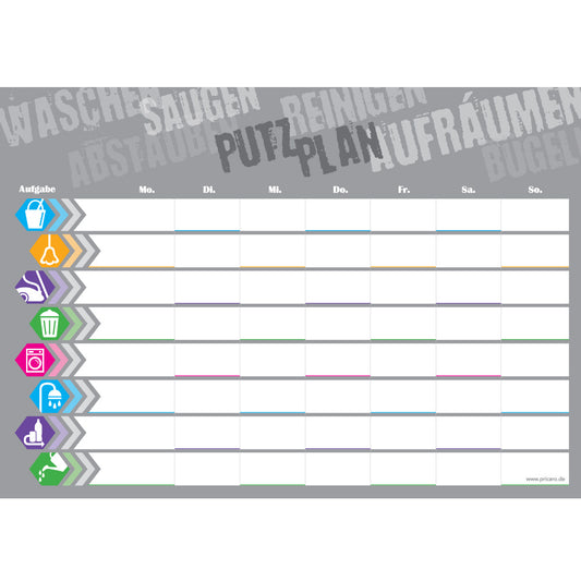 putzplan struktur a4, magnetisch, graue optik mit bunten icons für verschiedene aufgaben wie staubsagen, waschen uvm., frontansicht