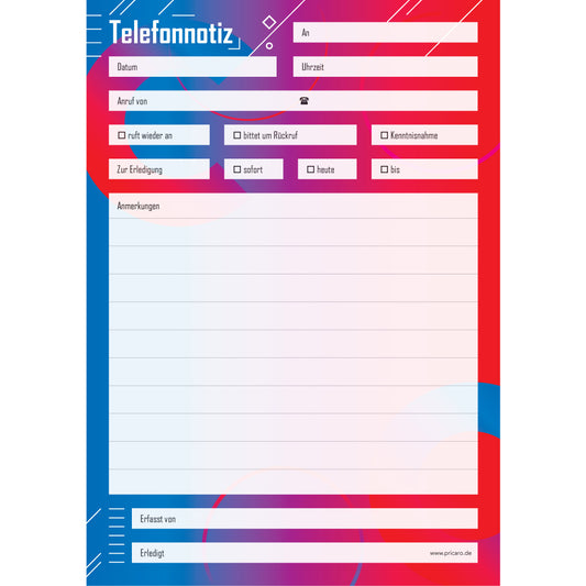 telefonnotizblock technik, blau-weiß-rote optik, mit platz für datum, anruferinfos und anmerkungen, front ansicht