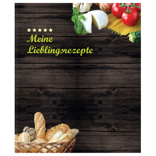 rezeptordner mediterran, a4, braune optik, frontansicht, mit aufgedruckten lebensmitteln und der aufschrift "meine lieblingsrezepte"