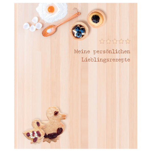 rezeptordner backen, a4, beige optik, frontansicht, mit aufgedruckten backzutaten und der aufschrift "meine persönlichen lieblingsrezepte"