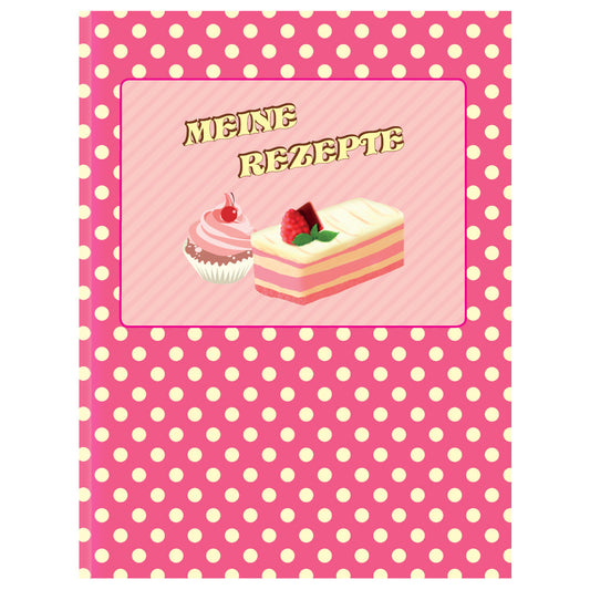 rezeptordner retro, a5, pinke optik mit gelben punkten, frontansicht, mit aufgedruckten törtchen und der aufschrift "meine rezepte" im retrostil