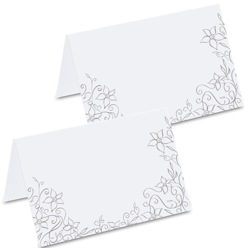 tischkarte für hochzeiten "blumendekor", dekor in silber, vorder- und rückseite