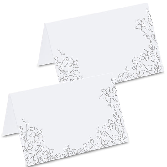 tischkarte für hochzeiten "blumendekor", dekor in silber, vorder- und rückseite