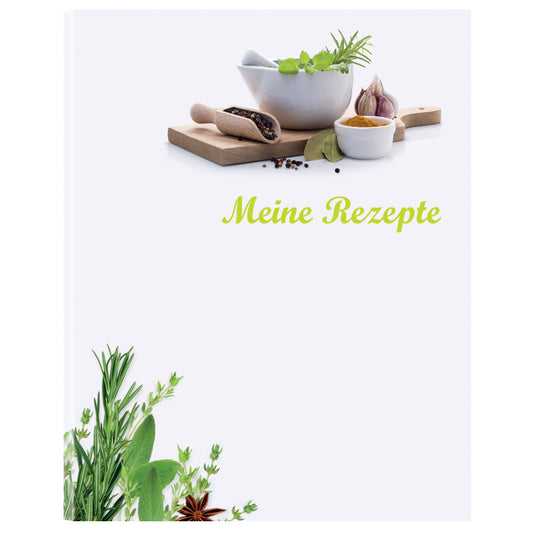 rezeptordner gewürze, a5, weiß-grüne optik mit gewürzen und der aufschrift meine rezepte, vorderseite