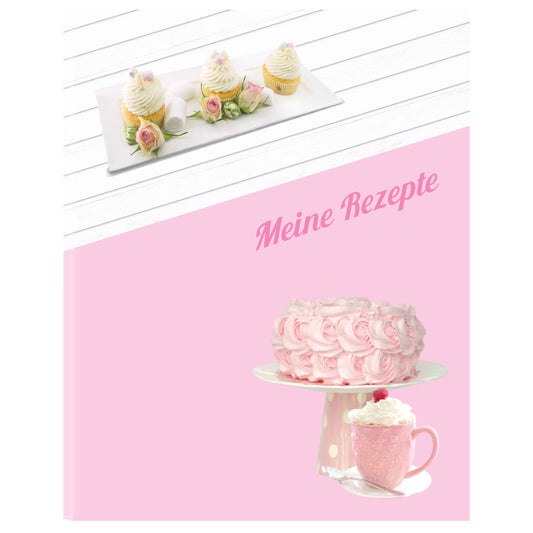 rezeptordner cupacke, a5, weiß-rosa optik mit cupcakes, torten und der aufschrift meine rezepte, vorderseite