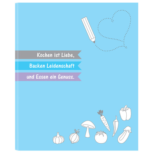 rezeptordner allerlei, weiß-blaue optik mit der aufschrift kochen ist liebe, backen leidenschaft und essen ein genuss, abgebildet mit illustrierten gemüsesorten, vorderseite