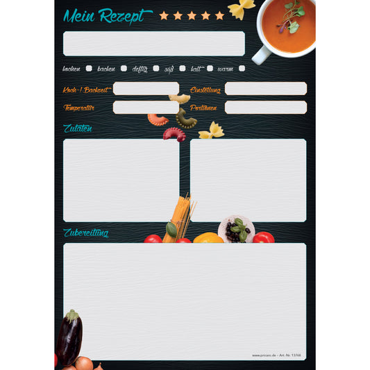 rezeptblock buon appetito, a5, schwarz-bunte optik mit pastazutaten und platz für zutaten, notizen und zubereitungsschritte, frontansicht