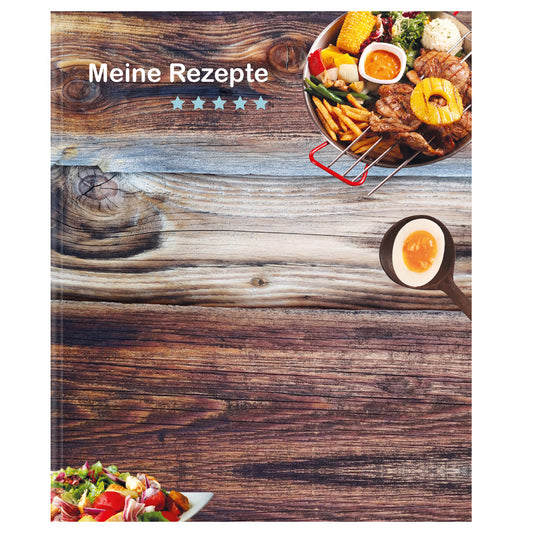rezeptordner farmhouse, a5, braun-bunte optik mit grillgerichten und der aufschrift meine rezepte, frontansicht