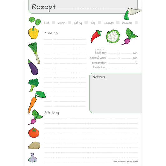 rezeptblock querbeet, a5, weiße optik mit aufgedruckten gemüsesorten und platz für zutaten und zubereitungsschritte und notizen, frontansicht