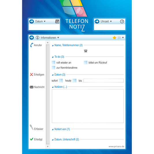 telefonnotizblock computer, blau-weiße optik, mit platz für datum, anruferinfos und anmerkungen, front ansicht