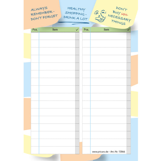 einkaufsliste notes, a6, bunte optik, sprachversion englisch, bietet platz für stück und produkt, liniert, frontansicht