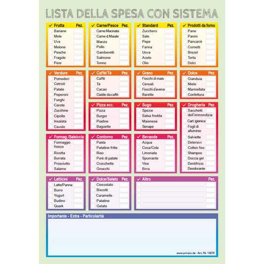 einkaufsliste system, italienische sprachversion, a5, bunte optik, spalten für verschiedene lebensmittel zum ankreuzen, frontansicht