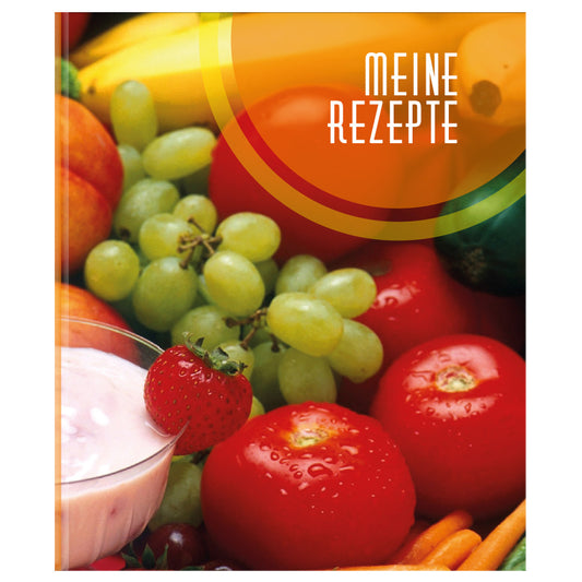rezeptordner a4, bunte zutaten vorderseite, abgebildet gemüse und obst und die aufschrift meine rezepte