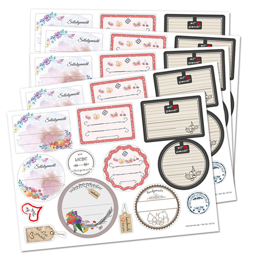 etiketten marmelade stickerbogen weiß-bunt mit verschiedenen aufdrucken