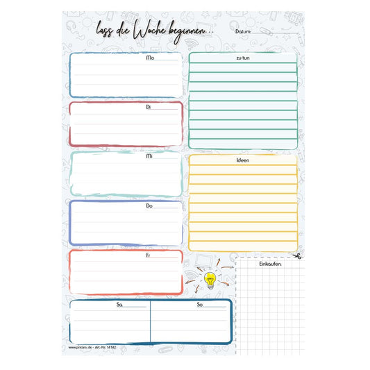 wochenplaner doodles, a4, weiß bunte optik mit verschiedenen spalten für montag bis sonntag, ideen, to dos, und einem kleinen abschnitt für einkäufe der mit einer schere abgeschnitten werden kann
