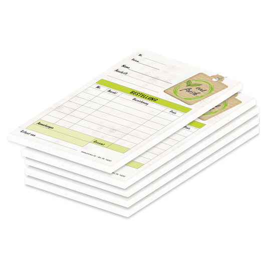 Bestellannahmeblock eat fresh, a6, braune holzoptik mit grünen akzenten, platz für wichtige bestellinformationen wie kundendaten, artikeldaten, preis, uvm., 5er set