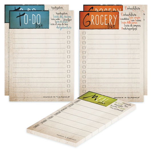 planer komplett-set pergament, a6, 2x to-do liste, 2x einkaufsliste, 1x essensplaner, beige-bunte optik, 5er set