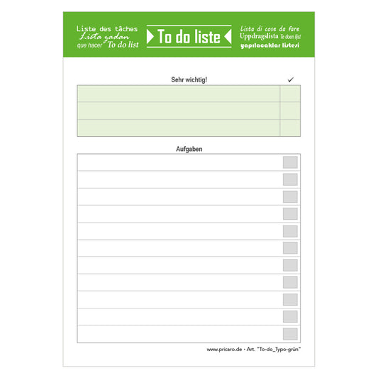 to do liste typo grün, a6, mit zeilen zum beschriften und abhaken, frontansicht