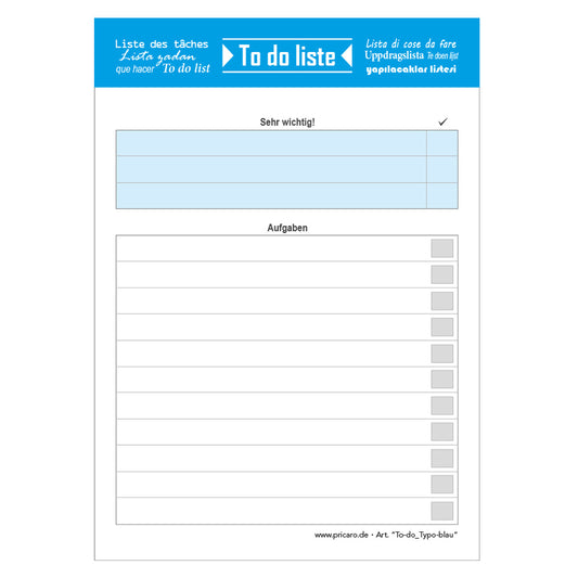 to do liste typo blau, a6, mit zeilen für notizen zum abhaken, frontansicht