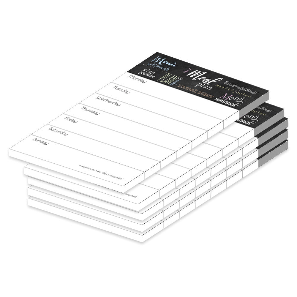essensplaner lettering-black, a6, schwarz-weiße optik, mit spalten für montag bis sonntag, gestaltet auf englisch, 5er set