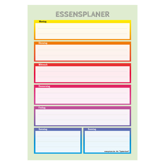 essensplaner system bunt, a5, mit feldern von montag bis sonntag, frontansicht, bunt grüne optik