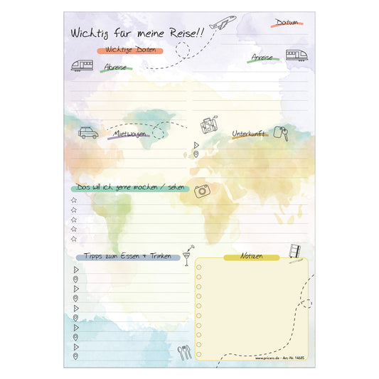 reiseplaner journal zum ausfüllen für reiseinfos wie z.B. reisedaten, etc. frontansicht