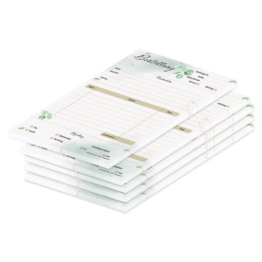 Bestellannahmeblock eukalyptus, a5, grün-braune optik mit blättermotiven, platz für wichtige bestellinformationen wie kundendaten, artikeldaten, preis, uvm., 5er set
