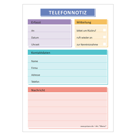 telefonnotizblock memo, bunte optik, mit platz für datum, anruferinfos und anmerkungen, front ansicht